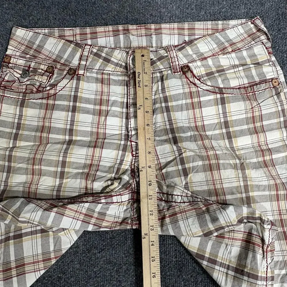 True Religion Swim Shorts Mens 40 Beige Plaid Cotton Twill Swimwear Pockets